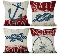Aoihrraan 41x41cm Lot de 4 Nautique Voile Housse De Coussin Rétro Ancre Gouvernail Nostalgique Classique Kraft Papier Lin De Coussincarré Taie d'oreiller pour Chambre Salon Extérieur Jardin Sofa