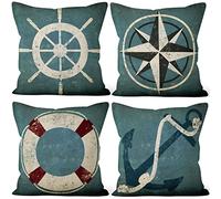 Aoihrraan 41x41cm Lot de 4 Nautique Voile Housse De Coussin Rétro Navigation Boussole Voilier Ancre Lin De Coussincarré Taie d'oreiller pour Enfant Chambre Salon Intérieur Extérieur Sofa Canapé