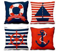 Aoihrraan 41x41cm Lot de 4 Océan Housse de Coussin Nautique Ancre Voilier Bouée De Sauvetage Bleu Rouge Lin De Coussincarré Taie d'oreiller Été Decoration pour Salon Litroom Canapé Jardin Chaise