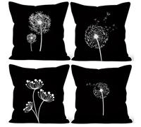 Aoihrraan 41x41cm Lot de 4 Pissenlit Housse De Coussin Le Printemps Naturel Fleur Peinture Blanc Et Noire Lin De Coussincarré Taie d'oreiller Maison Décoration pour Ferme Sofa Salon Extérieur Canapé