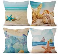 Aoihrraan 41x41cm Lot de 4 Plage Bord de Mer Housse de Coussin Mer Côtier Coquille Étoile De Mer Conque Lin De Coussincarré Taie d'oreiller Été Decoration pour Salon Litroom Canapé Jardin Chaise