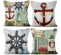Aoihrraan 41x41cm Lot de 4 Rétro Nautique Voile Housse De Coussin Ancre Navigation Boussole Voilier Lin De Coussincarré Taie d'oreiller pour Garçon Chambre Salon Sofa Extérieur Jardin Canapé