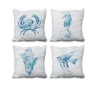 Aoihrraan 41x41cm Lot de 4 Thème Bleu Côtier Housse De Coussin Aquarelle Conque Mer Tortue Poisson Hippocampe Crabe Lin De Coussincarré Taie d'oreiller Maison Décoration pour Salon Extérieur Canapé