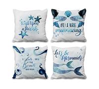 Aoihrraan 41x41cm Lot de 4 Thème Bord De Mer Housse De Coussin Souhait sur Poisson Plat Étoile De Mer Pieuvre Sirène Lin De Coussincarré Taie d'oreiller pour Chambre À Coucher Salon Extérieur Canapé