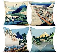 Aoihrraan 45x45cm Lot de 4 Impression Artistique Japonaise Housse de Coussin 36 Vues Mont Fuji Sea Bay Nature Vie Doux Court Peluche Carré Taie d'oreiller Salon Schlafzimmer Extérieur Jardin Sofa