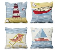 Aoihrraan 46x46cm Lot de 4 Bord De Mer Housse De Coussin Océan Plage Chaise Bateau Gouvernail Phare Lin De Coussincarré Taie d'oreiller Maison Décoration pour Lit Salon Canapé Extérieur Jardin Canapé
