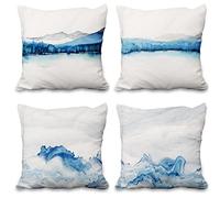 Aoihrraan 46x46cm Lot de 4 Housse de Coussin Blanc Bleu Paysage Traditionnel Chinois Peinture À L'Encre Lin De Coussincarré Taie d'oreiller Été Decoration Chambre Salon Extérieur Jardin Canapé