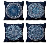 Aoihrraan 46x46cm Lot de 4 Housse de Coussin Bleu Foncé Bohémien Mandala Fleur Indien Hippie Style Bohème Lin De Coussincarré Taie d'oreiller Été Decoration Chambre Salon Extérieur Jardin Canapé