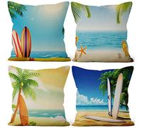 Aoihrraan 46x46cm Lot De 4 Housse De Coussin Été Plage Planche Surf Palmier Arbre Lin De Coussincarré Taie d'oreiller Decoration Canapé Décor Maison Hawaii Lit Salon Canapé Extérieur Jardin Chaise