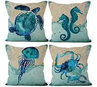 Aoihrraan 46x46cm Lot De 4 Housse De Coussin Monde sous Marin Animaux Simplicité Moderne Lin De Coussincarré Taie d'oreiller Décorer Canapé Maison Décor Housse Coussin Salon De Jardin Exterieur