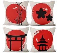 Aoihrraan 46x46cm Lot De 4 Housse De Coussin Noire Bâtiments Fleur Cerise Rouge Lin De Coussincarré Taie d'oreiller Decoration Canapé Taverne du Japon Maison Décor Housse Coussin Jardin Exterieur