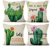 Aoihrraan 46x46cm Lot De 4 Housse De Coussin Vert Cactus Fleur Plantes De Verdure Lin De Coussincarré Taie d'oreiller Décorer Canapé Maison Décor Housse Coussin Salon De Jardin Exterieur Salon