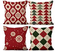 Aoihrraan 46x46cm Lot de 4 Joyeux noël Housse de Coussin Noël Arbre Flocon De Neige Vert Rouge À Carreaux Lin De Coussincarré Taie d'oreiller Canapé Heureux Fête du Nouvel Salon Canapé, Rouge Blanc