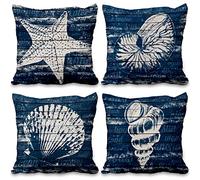 Aoihrraan 46x46cm Lot de 4 Mer Vintage Housse De Coussin Conque Étoile De Mer Sablonneux Plage Imprimer Motif Lin De Coussincarré Taie d'oreiller pour Océan Thème Salon Chambre À Coucher Canapé