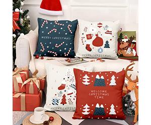 Aoihrraan 50x50cm Lot de 4 Joyeux noël Housse de Coussin Arbre De Noël Bonbon Cannes Chaussette Cadeaux Doux Court Peluche Carré Taie d'oreiller Salon Canapé Extérieur Chaise Auto, Beige Rouge Bleu