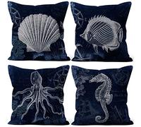 Aoihrraan 51x51cm Lot de 4 Mer Thème Housse De Coussin Bleu Marine Tortue Poisson Hippocampe Conque Coquilles Lin De Coussincarré Taie d'oreiller pour Chambre Intérieur Extérieur Sofa Canapé