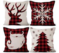 Aoihrraan 56x56cm Lot de 4 Joyeux noël Housse de Coussin Noël Arbre Père Noël Cerf Flocon De Neige Lin De Coussincarré Taie d'oreiller Heureux Fête du Nouvel Salon Canapé Cadeau, Plaid Blanc Rouge