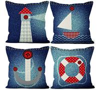 Aoihrraan 56x56cm Lot de 4 Nautique Voile Housse De Coussin Jean Texture Bleu Marine Phare Voilier Ancre Lin De Coussincarré Taie d'oreiller pour Garçon Chambre Intérieur Extérieur Sofa Canapé