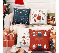 Aoihrraan 60x60cm Lot de 4 Joyeux noël Housse de Coussin Arbre De Noël Bonbon Cannes Chaussette Cadeaux Doux Court Peluche Carré Taie d'oreiller Salon Canapé Extérieur Chaise Auto, Beige Rouge Bleu