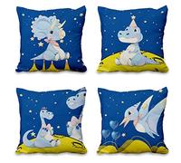 Aoihrraan 61x61cm Lot de 4 Mignonne Dessin Animé Animal Housse de Coussin Bleu Foncé Ciel Étoilé Dinosaure Planète Lin De Coussincarré Bébé Taie d'oreiller Decoration Enfant Fête Canapé Lit Sofa