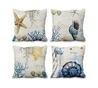 Aoihrraan 61x61cm Lot de 4 Thème De L'Océan Housse De Coussin Plage Conque Étoile De Mer Corail Lin De Coussincarré Taie d'oreiller pour Été Chambre À Coucher Salon Extérieur Jardin Canapé Voiture