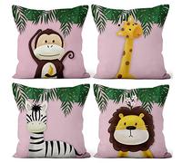 Aoihrraan 65x65cm Lot de 4 Mignonne Dessin animé Animal Housse de Coussin Foresta Scimmia Giraffa Floreale Pianta Doux Court Peluche Carré Rose Clair Taie d'oreiller Enfant Fête Sofa Chambre Canapé