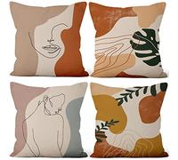 Aoihrraan Abstrait Housses de Coussin Lot de 4, Style Ligne Visage Femme Morandi Minimaliste Boho Feuilles Carré Taie D'oreiller Lin Moderne Coussin pour Maison Chambre Extérieur Jardin Canapé 51x51cm