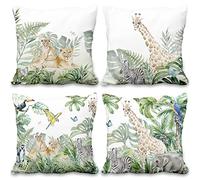 Aoihrraan Animaux De Safari dans La Jungle Housse De Coussin 40x40cm Lot De 4, Aquarelle Forêt Girafe Lion Tropical Feuilles Peluche Taie d'oreiller Décoratifs pour Salon D'Extérieur Jardin Canapé