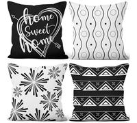 Aoihrraan Géométrique Housses de Coussin Moderne Sweet Home Feu d'artifice Noir Blanc Lignes Art Courte Peluche Taie d'oreiller pour Chambre Coucher Canapé Fauteuil Maison Décoration 45x45cm Lot de 4