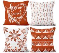 Aoihrraan Géométrique Housses de Coussin Moderne Sweet Home Feu d'artifice Orange Blanc Lignes Art Courte Peluche Taie d'oreiller pour Chambre Coucher Canapé Fauteuil Décoration 55x55cm Lot de 4