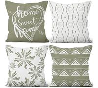 Aoihrraan Géométrique Housses de Coussin Moderne Sweet Home Feu d'artifice Vert Blanc Lignes Art Courte Peluche Taie d'oreiller pour Chambre Coucher Canapé Fauteuil Maison Décoration 60x60cm Lot de 4