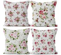 Aoihrraan Housses de Coussin Lot de 4, 41x41cm Fleur Rose Feuilles Vertes Coussin Couvertures Moderne Carré Oreiller Cas, Lin Taies d'oreiller avec Fermeture Éclair Invisible pour Canapé Chambre