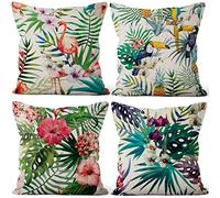 Aoihrraan Housses de Coussin Lot de 4, 51x51cm Été Hawaïen Flamant Palmier Feuilles Coussin Couvertures Carré Oreiller Cas, Lin Taies d'oreiller avec Fermeture Éclair Invisible pour Canapé Chambre