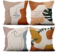 Aoihrraan Housses de Coussin Lot de 4, Coussin Minimaliste Abstrait Couvre Homme Visage Femme Ligne Corps Feuilles Doux Court Peluche Carré Taie d'oreiller pour Sofa Décor 45x45cm (Style rétro fané)