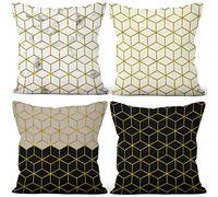 Aoihrraan Housses de Coussin Lot de 4 Housses De Coussin Géométriques Cube De Ligne Doré Blanc Noir Doux Court Peluche Carré Taie D'oreiller Pour Sofa Canapé Chambre Auto Chaise Domicile Décor 45x45cm