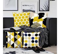 Aoihrraan Housses de Coussin Lot de 4, Minimalistes Jaune Noir Point Bleu Feuille D'Érable Doux Court Peluche Carré Taie d'oreiller pour Sofa Canapé Chambre Auto Chaise Domicile Décor 50x50cm