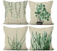Aoihrraan Housses de Coussin Lot de 4, Plantes Vertes Motif Coussin Couvre Encre Peinture Cactus Plante Doux Court Peluche Carré Taie d'oreiller pour Canapé Chambre Auto Chaise Domicile Décor 50x50cm