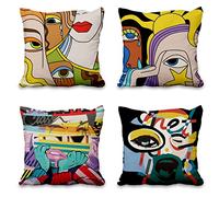 Aoihrraan Housses de Coussin, Lot de 4 Visage De Graffiti Abstrait Drôle Taie d'oreiller Carré Lin Coussin avec Fermeture éclair Invisible pour Sofa Auto Extérieur Jardin Lit Canapé Maison 41x41cm