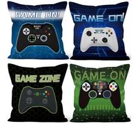 Aoihrraan Jeu Housses de Coussin Bleu Vert Game on Gamer Jeux Manette Joystick Courte Peluche Taie d'oreiller pour Garçons Chambre Canapé Maison Jeu Vidéo Joueur Fête Décoration 45x45cm Lot de 4