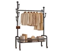 aoiuaoeniu Portant à vêtements Porte-Manteaux Vintage Crochets et Tringles Porte-Manteau à roulettes Robuste et Durable Capacité Totale 100 kg pour Entrée Chambre et Bureau 80CMx35CMx172CM