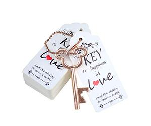 Aokbean Lot de 52 décapsuleurs vintage en forme de clé avec carte de remerciement et porte-clés pour fête, mariage, souvenir (or rose)