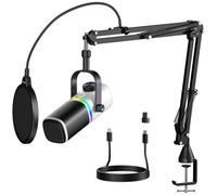 Aokeo AK-10 Microphone de Jeu USB avec Bras Micro, Microphone à condensateur pour PC/Mac/PS4/PS5/téléphone - Micro cardioïde avec éclairage RVB (Blanc)