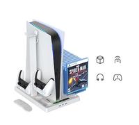 Aokicase PS5 Multifunctional Controller Charging Station with LED, Multifunctional Cooling Base, Dual Charger Docking Station for PS5 with Headset Holder (White, PS5) IV-P5246