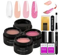 Aokitec Gel Construction Ongle UV:Nudes Rosa Clear Glitter Builder Gel with Base Top UV Ongles & Pinceau Pour Nail Art, Construction Ongle pour Renforcement, Extension et Nail Art Manucure DIY