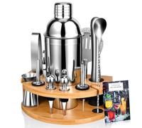 AOKITO Shaker Cocktail Kit, Set Barman Cocktail en Acier Inoxydable de 12 Pièces, Shaker à Cocktail de 750 ML, Kit Cocktail de Barman avec Support en Bois pour Maison ou Le Bar