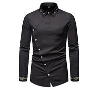 AOKODA Chemise Homme Basique Slim Fit Mode Nouveau Style Brodé Asymétrique Hommes Chemise À Manches Longues Hommes Chemise Décontractée F-Black L