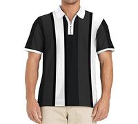 AOKODA Polo Shirt Homme Rayures Verticales Polo Shirt Manches Courtes Zip Lâche Polo Shirt Homme Confort Casual Polo Shirt Homme B-Black L