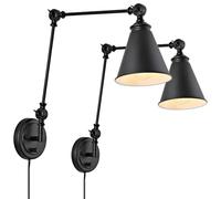 AoLa 2 pièces Applique murale à bras long réglable avec interrupteur Lampe murale dimmable Vintage E27 Bras pivotant intérieur Lampe de lecture avec fiche et câble de 1,8 m Lampe de chevet,Noir