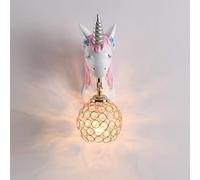 AoLa Applique en Cristal Chambre d'enfant Licorne Design Lampe Murale lnnen E27 Blanc Résine et Boule de Cristal Lampe de Chevet Moderne garçon Fille Chambre Lampe de décoration