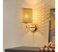 AoLa Applique murale en rotin vintage, tissée à la main en forme de cage à partir de matériaux naturels Lampe murale bohème E27 dorée à culot rond lampe de salon décorative avec abat-jour en bambou